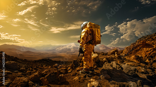 Edge of the Unknown: A Determined Scientific Explorer in a Spacesuit Probes a Mysterious Crater during the Golden Hour, Illuminated by Warm, Dramatic Shadows photo