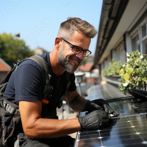 Installation and maintenance of a solar system, solar power station Solar panels on a balcony generated by tradesmen, ai generated