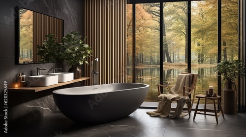 Bathroom interior design with matte black bath AI, Generative AI, Generative