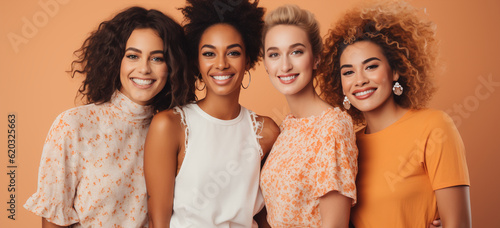 portrait of four young smiling women standing together on flat color background.  Image generative AI.