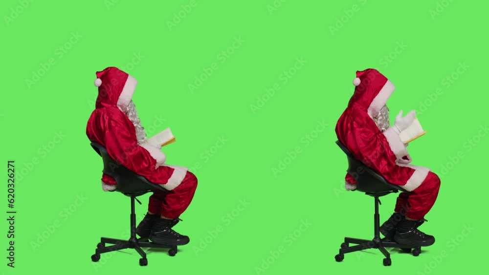 Character reads novel story book acting like saint nick in famous red suit sitting on chair, greenscreen backdrop. Young man portraying father christmas reading literature or poetry, wise person. Character reads novel story book acting like saint nick in famous red suit sitting on chair, greenscreen backdrop. Young man portraying father christmas reading literature or poetry, wise person.