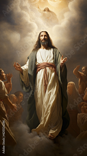 A painting of Jesus Christ looking up, Resurrection of Ascension day. Generative AI.