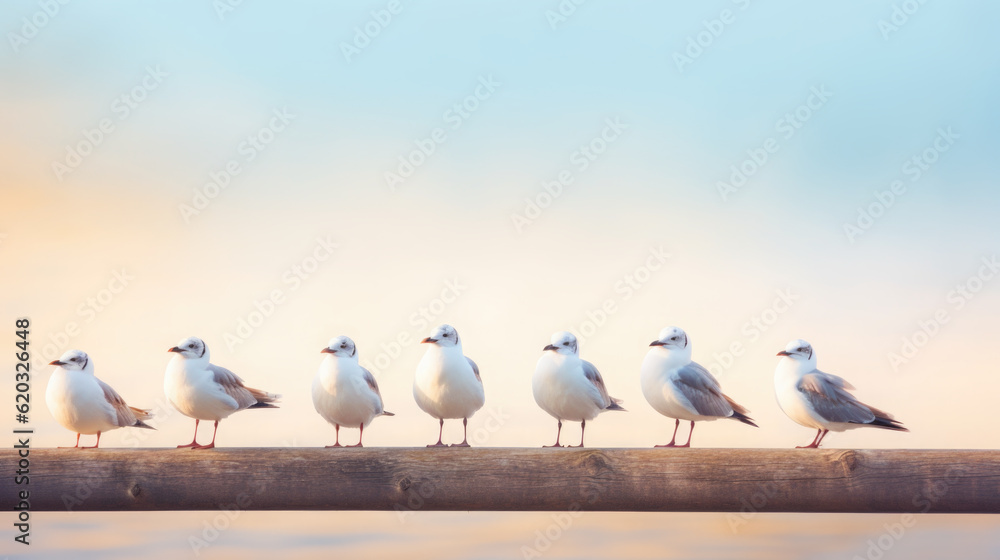 A group of seagulls standing on a wooden rail. Generative AI. A group of seagulls standing on a wooden rail. Generative AI.