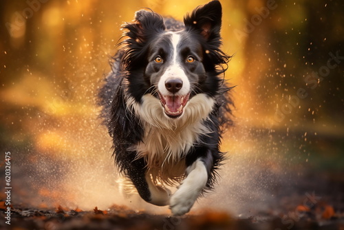 Active healthy Border Collie dog running with open mouth sticking out tongue in the forest on autumn © Canvas Alchemy