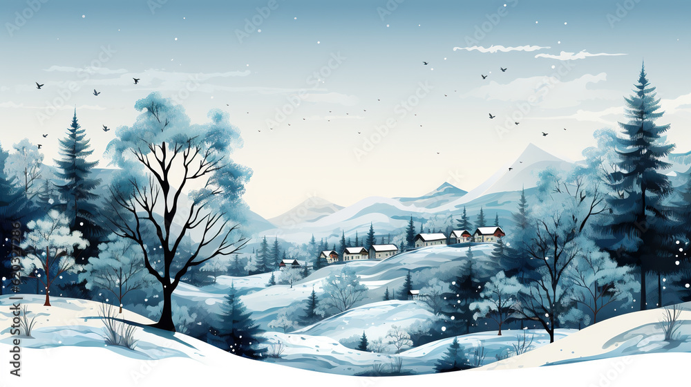 A painting of a snowy landscape with trees and houses. Generative AI. Winter greeting card design, wintertime background with copy space, place for text.