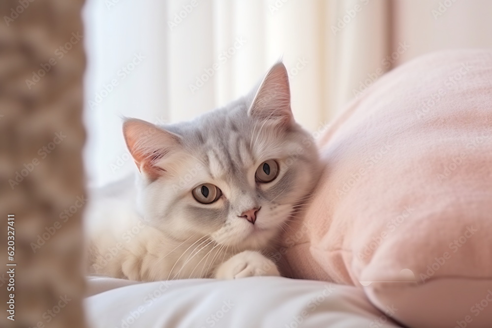 Close up of domestic cat lying on the bed in the bedroom. Cat relax on the bed at home. Soft pastel colors image