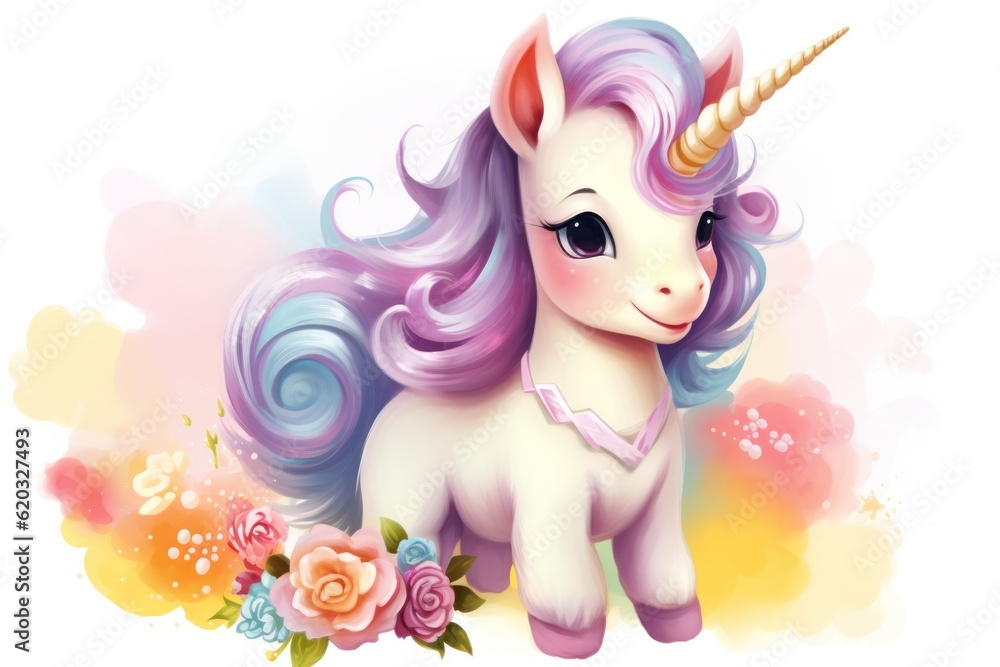 Whimsical and colorful illustration of a cute baby unicorn in a watercolor style Whimsical and colorful illustration of a cute baby unicorn in a watercolor style