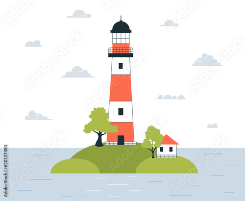Lighthouse at island near ocean concept