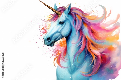 A whimsical watercolor illustration of a unicorn with a flowing mane and horn. The colorful design, mythical creature. Concept of fantasy and creativity.
