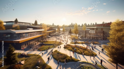 aerial view of a school on the first day of classes back, students entering all the facilities are seen
