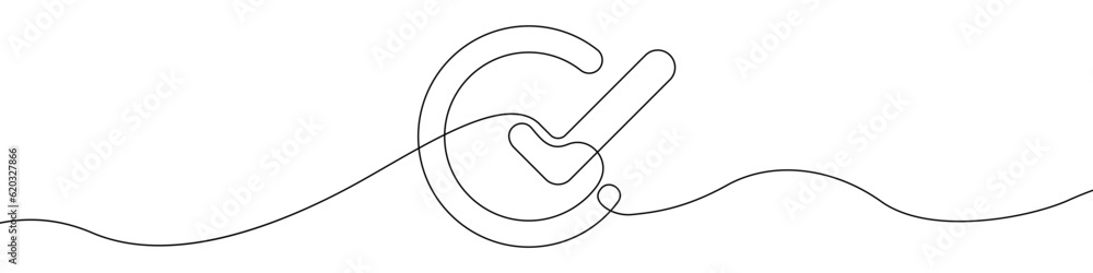 A check mark in the circle icon line continuous drawing vector. One