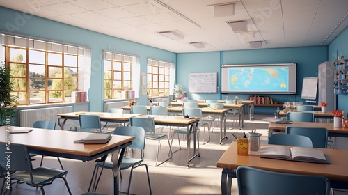 Modern classroom in the morning, , bright color, natural Lighting, ethereal light, intricate details, extremely detailed AI, Generative AI, Generative