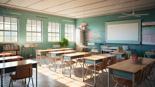 Modern classroom in the morning    bright color  natural Lighting  ethereal light  intricate details  extremely detailed AI  Generative AI  Generative