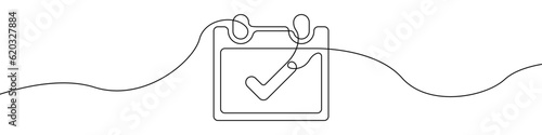 Calendar icon line continuous drawing vector. One line Calendar icon vector background. A calendar with a check mark icon. Continuous outline of a calendar icon.