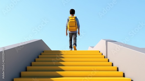 boy back to school, walking to school by stairs, yellow school colors, with his backpack and uniform