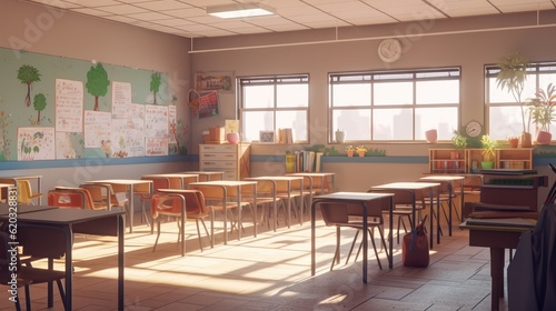 empty classrooms last day of vacation tomorrow classes start, back to school sunlight through the window