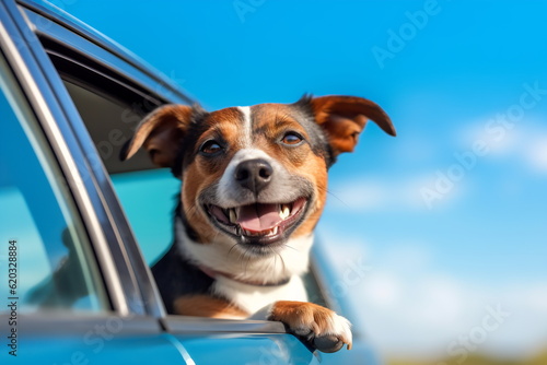 Dog enjoying traveling by car. Jack Russell Terrier looking through the window on the road