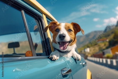Dog enjoying traveling by car. Jack Russell Terrier looking through the window on the road