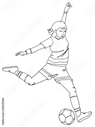Female Football player kicking the ball in the air outline vector illustraion. Footballer woman digs the ball line art vector illustration, side view.