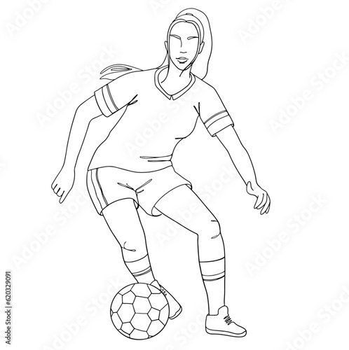 Football player woman kicking the ball outline vector illustraion. Footballer girl digs the ball line art vector illustration, front view.