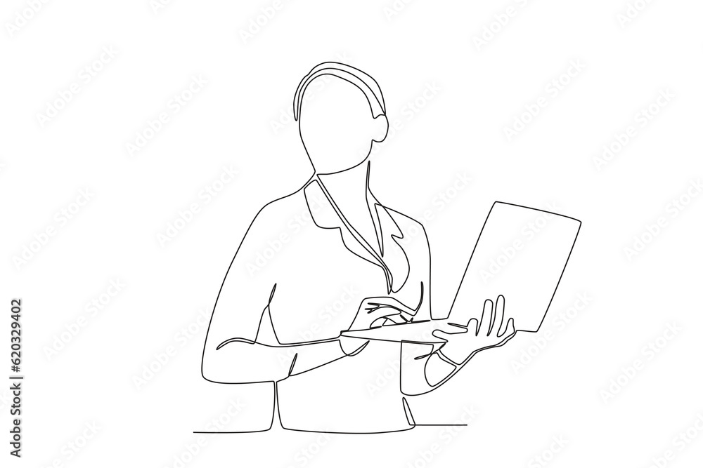 A woman working with a laptop. Businesswoman one-line drawing A woman working with a laptop. Businesswoman one-line drawing
