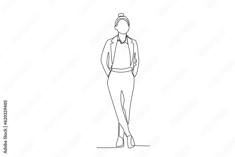A businesswoman standing in a suit . Businesswoman one-line drawing A businesswoman standing in a suit . Businesswoman one-line drawing