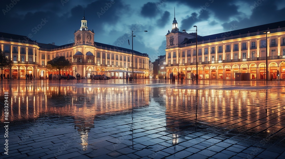Naklejka premium Commerce square at night in lisbon, portugal AI, Generative AI, Generative