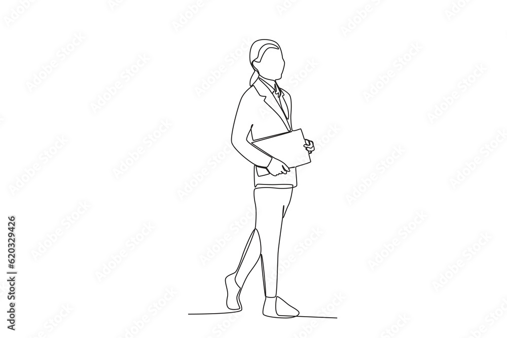 Side view of a woman's business holding documents. Businesswoman one-line drawing Side view of a woman's business holding documents. Businesswoman one-line drawing