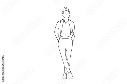 A businesswoman standing in a suit . Businesswoman one-line drawing