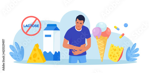 Lactose Intolerance. Young Sick Man Suffering with Stomach Ache, Diarrhea, Abdominal Pain, Bloating, Nausea. Allergy on Dairy Food. Unwell Allergic Reaction with Milk Products, Cheese, Ice Cream