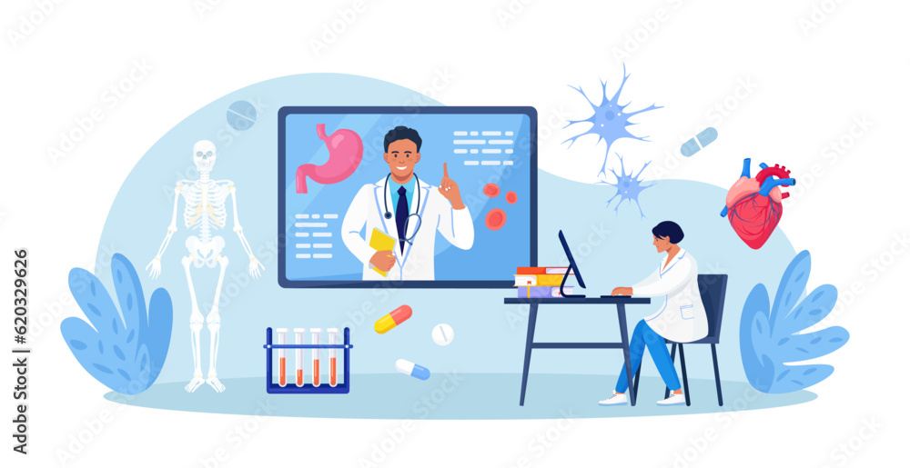 Medical conference, online education. Mentor giving scientific researching lecture for student by internet. Doctor teaching academic knowledge for hospital work. Professional occupation training
