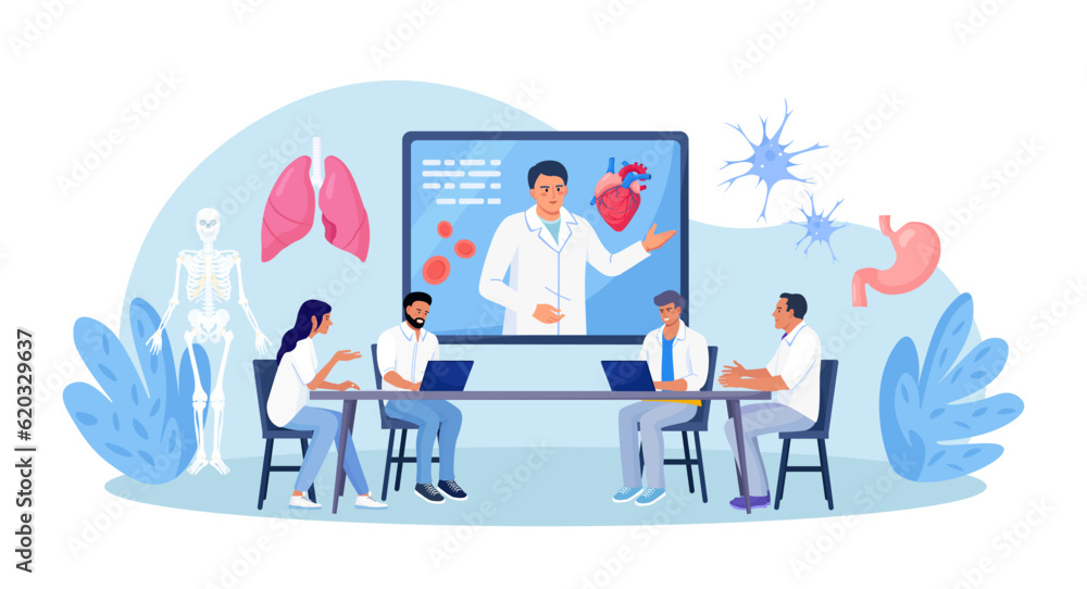 Medical conference, online education. Mentor giving scientific researching lecture for students by internet. Doctor teaching academic knowledge for hospital work. Professional occupation training