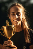 Caucasian track and field athlete beaming with joy, proudly showing off her award/cup. Fictional person, not based on real people. Generative AI