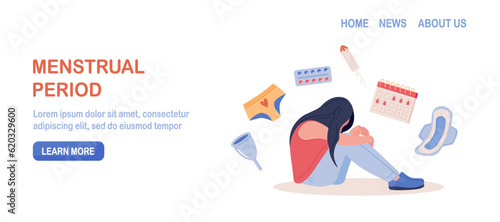 Menstruation period. Woman showing pms symptoms and menstrual pain. PMS calendar, tracker. Items for personal intimate hygiene of women. Sanitary tampon, pad, silicone reusable menstrual cup, panties