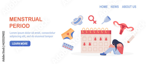 Menstruation period. Woman showing pms symptoms and menstrual pain. PMS calendar, tracker. Items for personal intimate hygiene of women. Sanitary tampon, pad, silicone reusable menstrual cup, panties