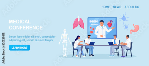 Medical conference, online education. Mentor giving scientific researching lecture for students by internet. Doctor teaching academic knowledge for hospital work. Professional occupation training
