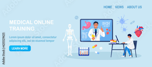 Medical conference, online education. Mentor giving scientific researching lecture for student by internet. Doctor teaching academic knowledge for hospital work. Professional occupation training