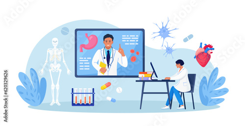 Medical conference, online education. Mentor giving scientific researching lecture for student by internet. Doctor teaching academic knowledge for hospital work. Professional occupation training