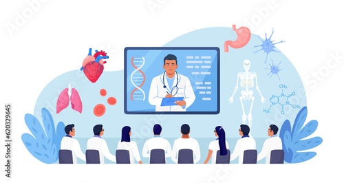 Medical conference, online education. Mentor giving scientific researching lecture for students by internet. Doctor teaching academic knowledge for hospital work. Professional occupation training
