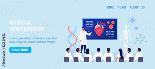 Medical conference, education. Students study research in cardiology science. Doctor giving speech on medicine seminar for audience. Scientist presenting human heart infographics at workshop training