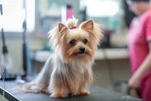 The charismatic dog gets a haircut at groomer