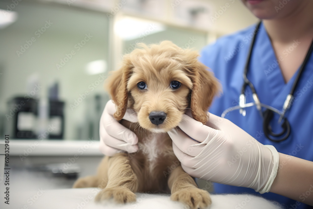 Cute patient. A vet in work uniform holding a beautiful little dog which is sitting on the table and looking at the camera at the veterinary clinic