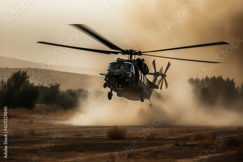 Billede på lærred Military helicopter landing in rough terrain. Generative AI