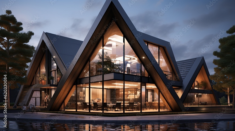 Obraz premium Contemporary triangle shape design modern architecture building exterior AI, Generative AI, Generative
