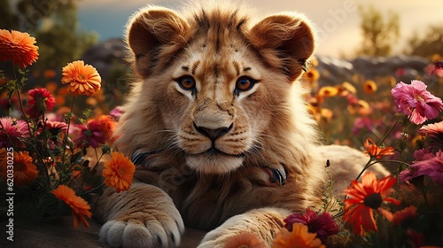 Cute lion with floral collection AI  Generative AI  Gene