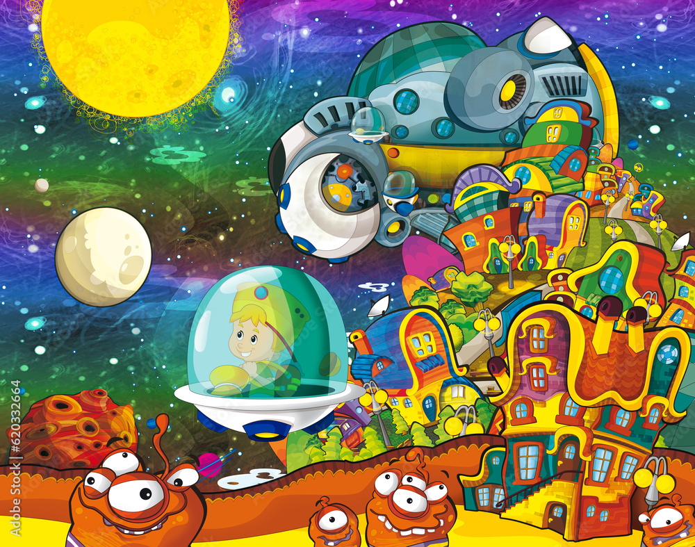Cartoon funny colorful scene of cosmos galactic alien ufo isolated illustration for children Cartoon funny colorful scene of cosmos galactic alien ufo isolated illustration for children