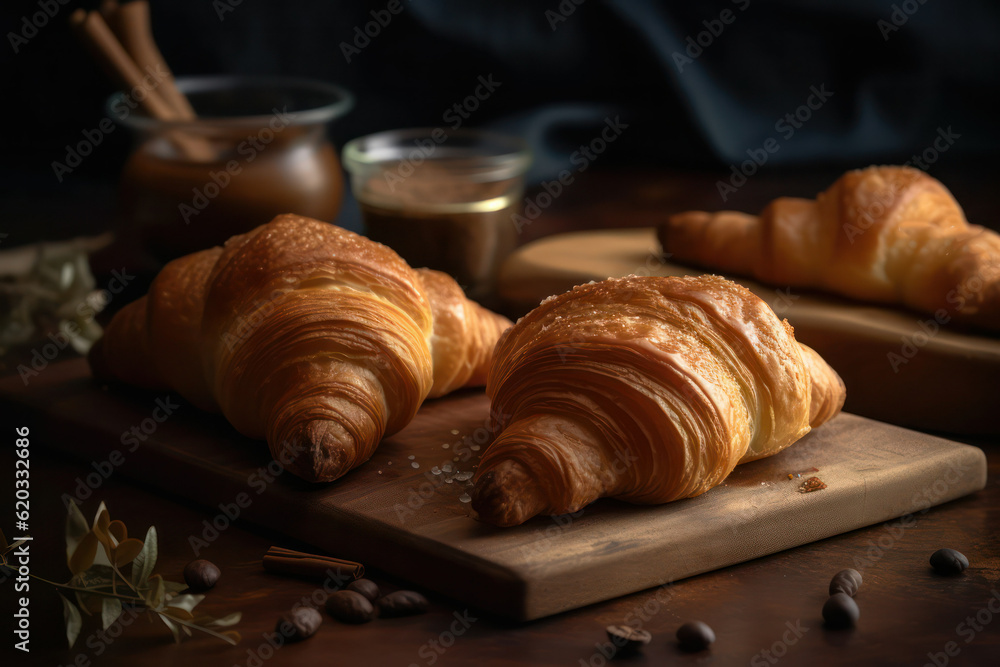 Board with delicious croissants on a dark wooden table, close-up. french pastries.generative AI. Board with delicious croissants on a dark wooden table, close-up. french pastries.generative AI.