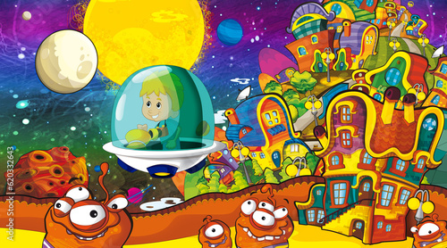 Cartoon funny colorful scene of cosmos galactic alien ufo isolated illustration for children