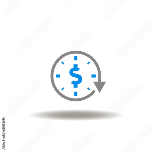 Vector illustration of round arrow with clock and dollar currency. Icon of BNPL Buy Now Pay Later. Symbol of financial operation, transaction, cash back.