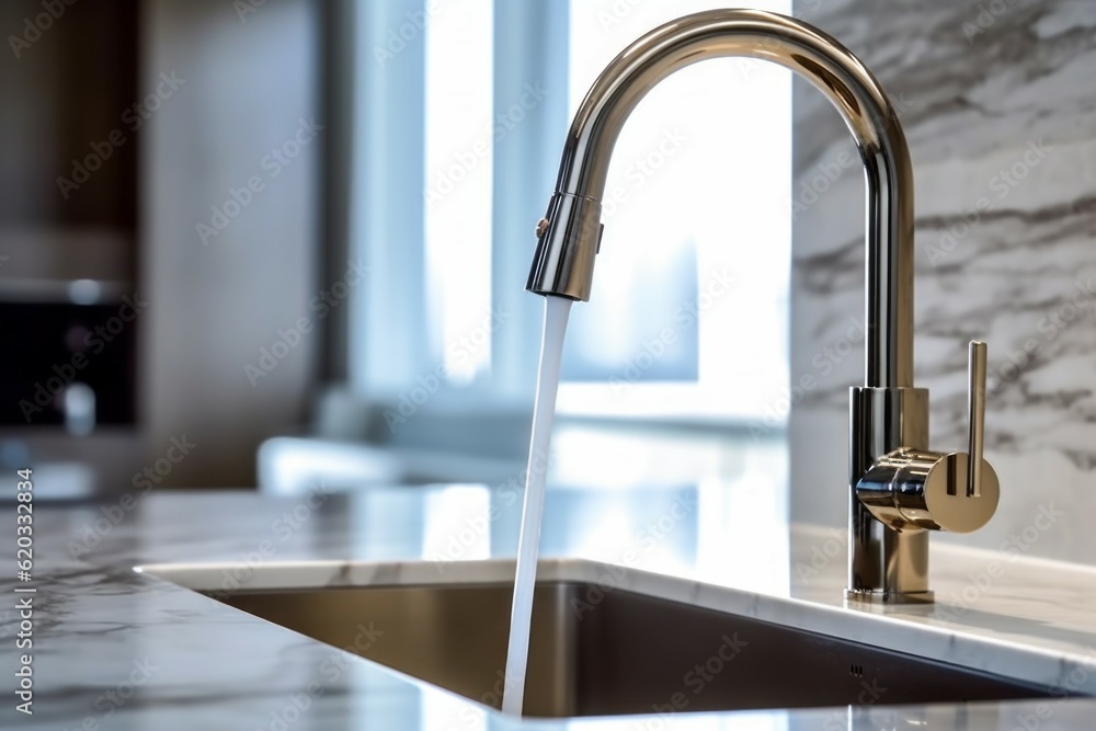 Close-up of a kitchen faucet with running water. Modern kitchen interior design concept. AI generated, human enhanced Close-up of a kitchen faucet with running water. Modern kitchen interior design concept. AI generated, human enhanced